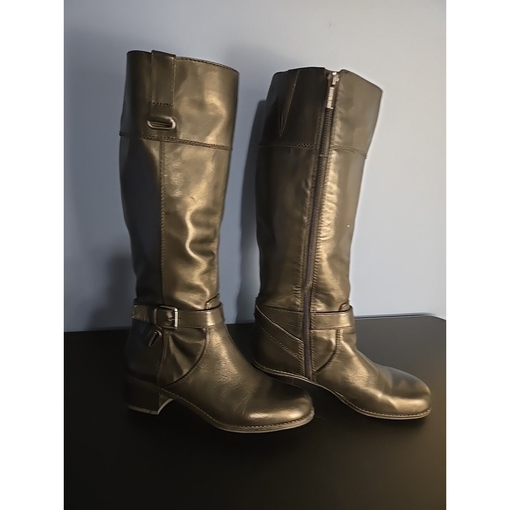 Bandolino Riding Boots Women 7 M Black Leather Tall Buckle Block Heel Equestrian